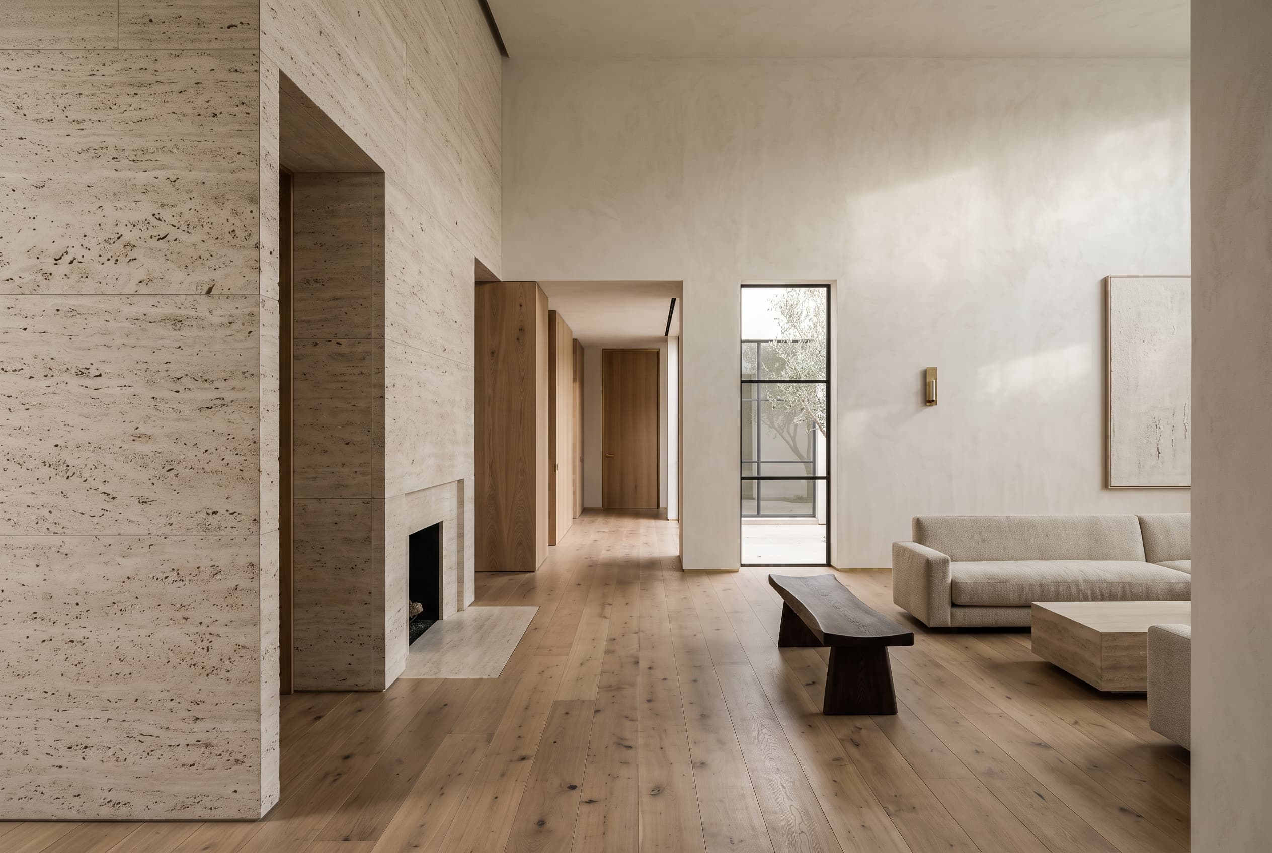Salone — veined stone, oak joinery