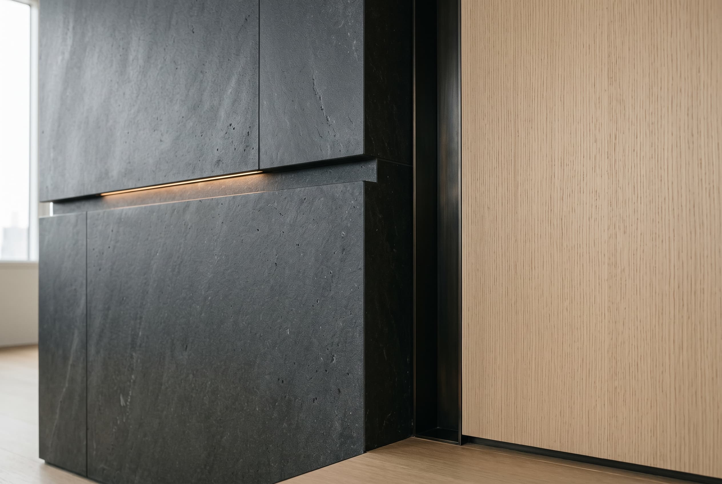Basalt and oak junction — bronze trim
