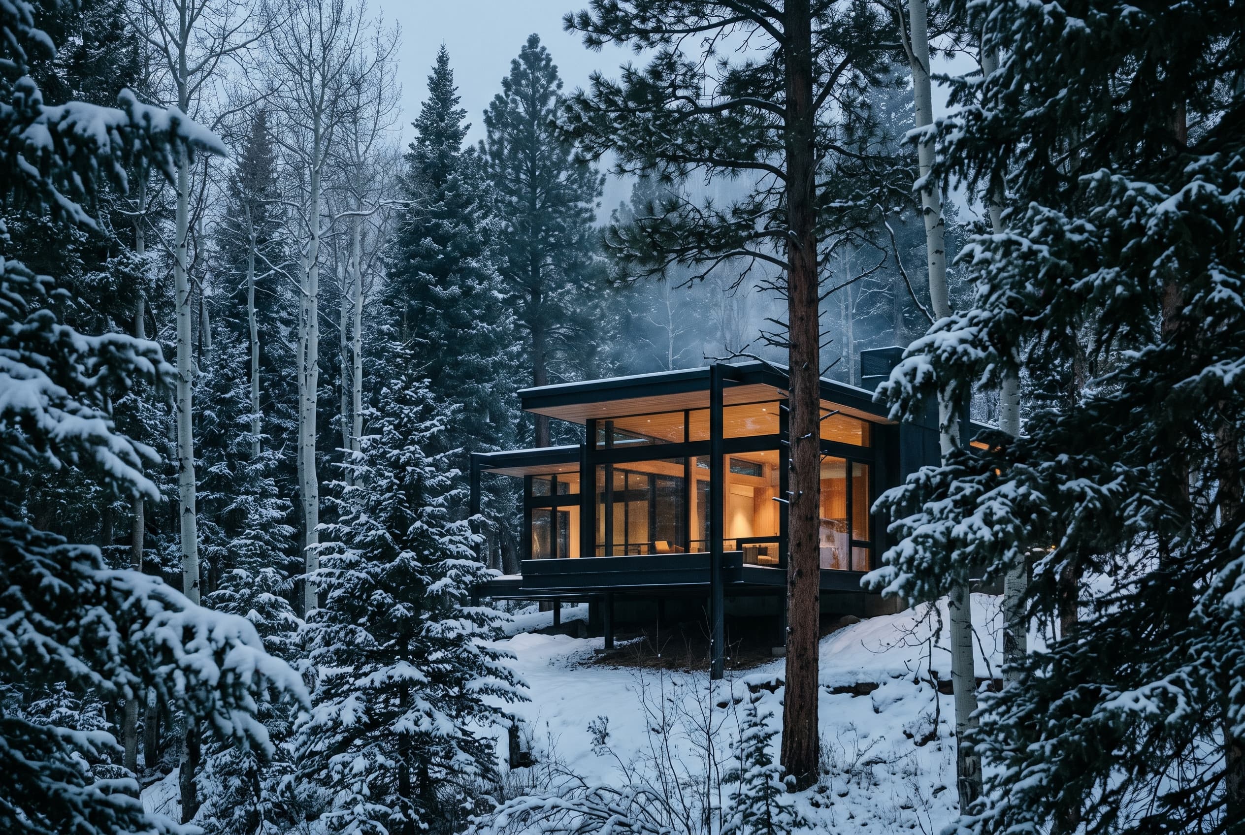Forest elevation — snow-loaded roof at dusk