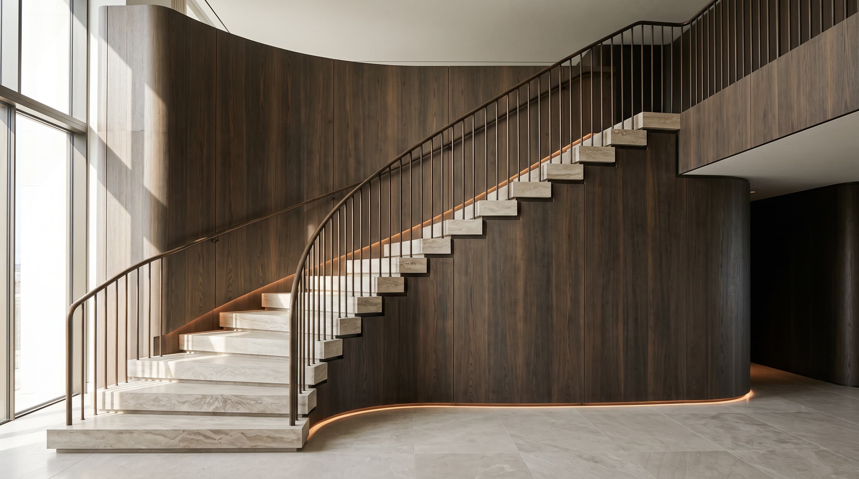 Duplex stair — stone treads, bronze rail