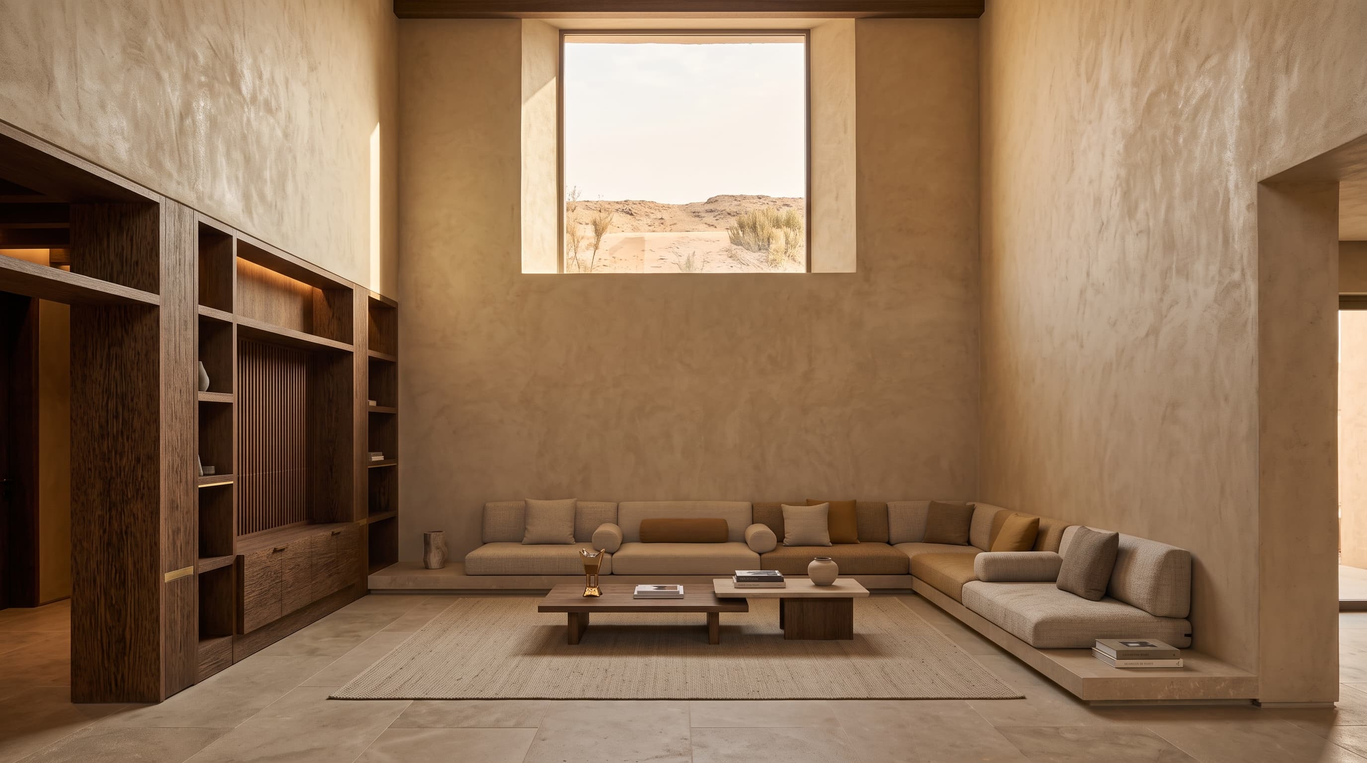 Majlis — palm wood, double-height volume