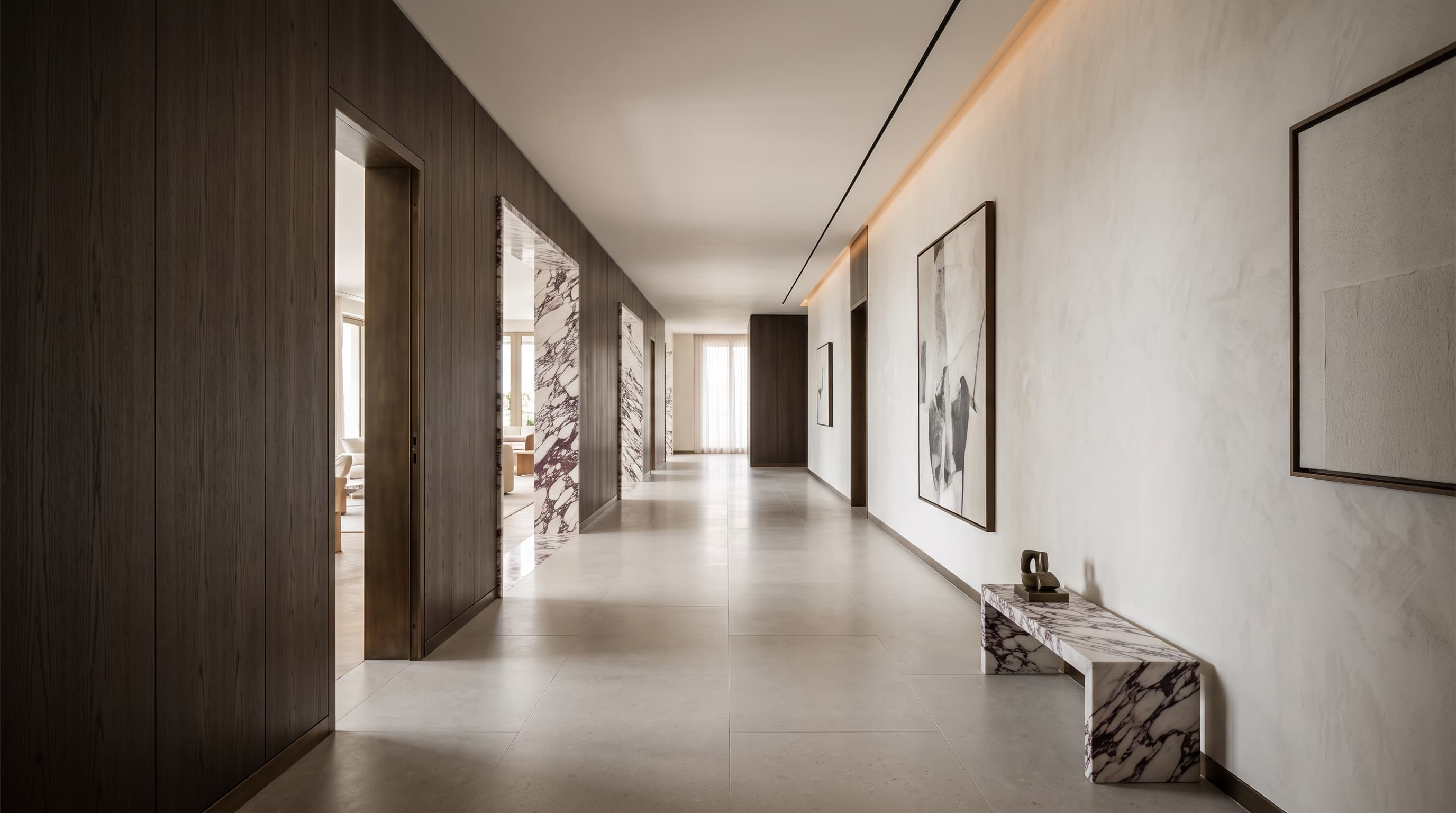 Gallery — smoked oak, art lighting